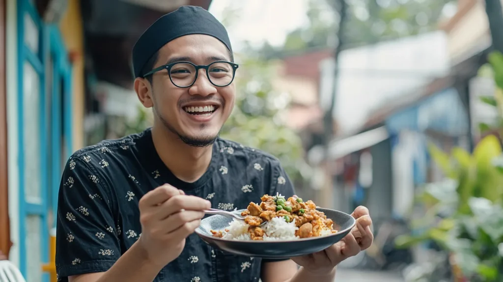 Asian man happily eating rice but not over weight